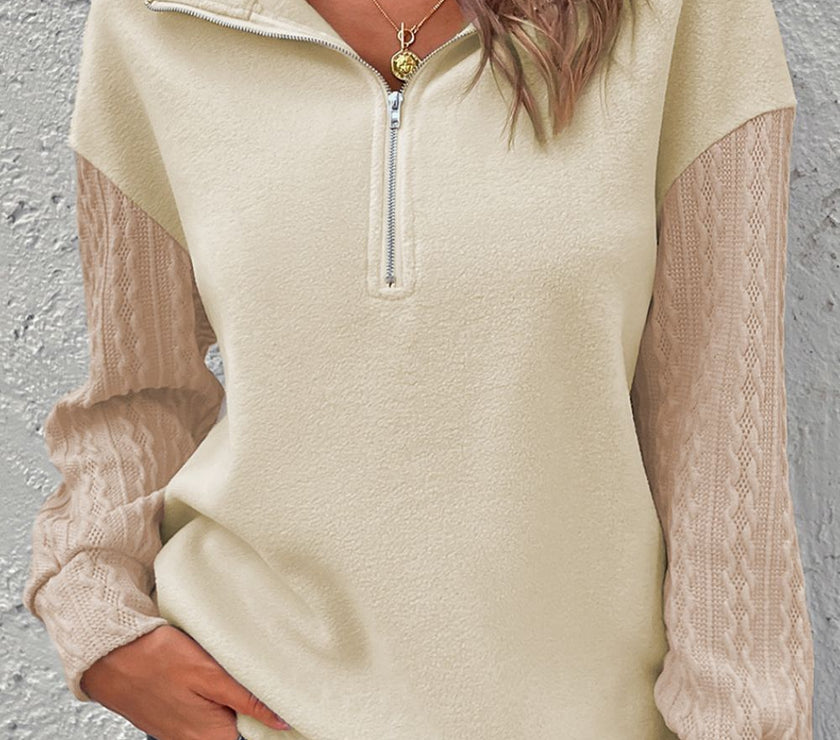 Half Zip Textured Patchwork Drop Shoulder Sweatshirt