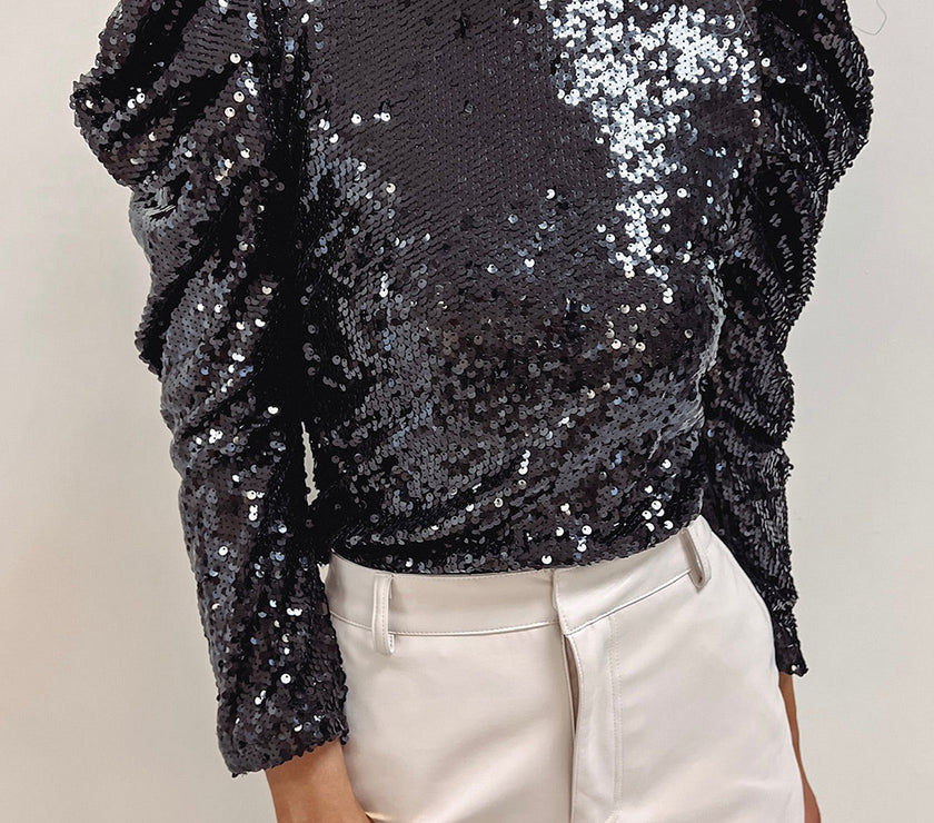 Black Sequin Mock Neck Bubble Sleeve Top