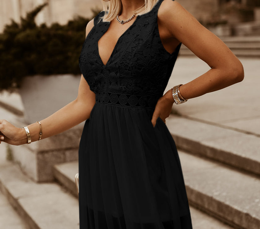 Slit Lace Detail V-Neck Dress