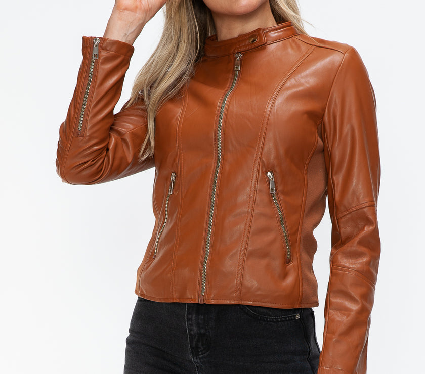 Snobbish Faux Leather Zip Up Drawstring Hooded Jacket