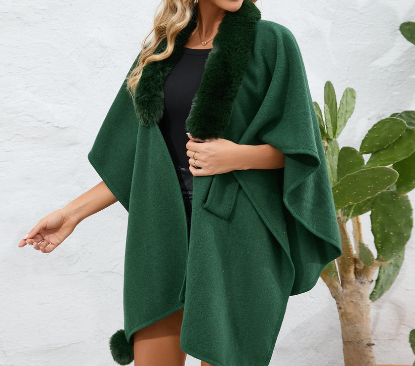 Fuzzy Trim Open Front Poncho