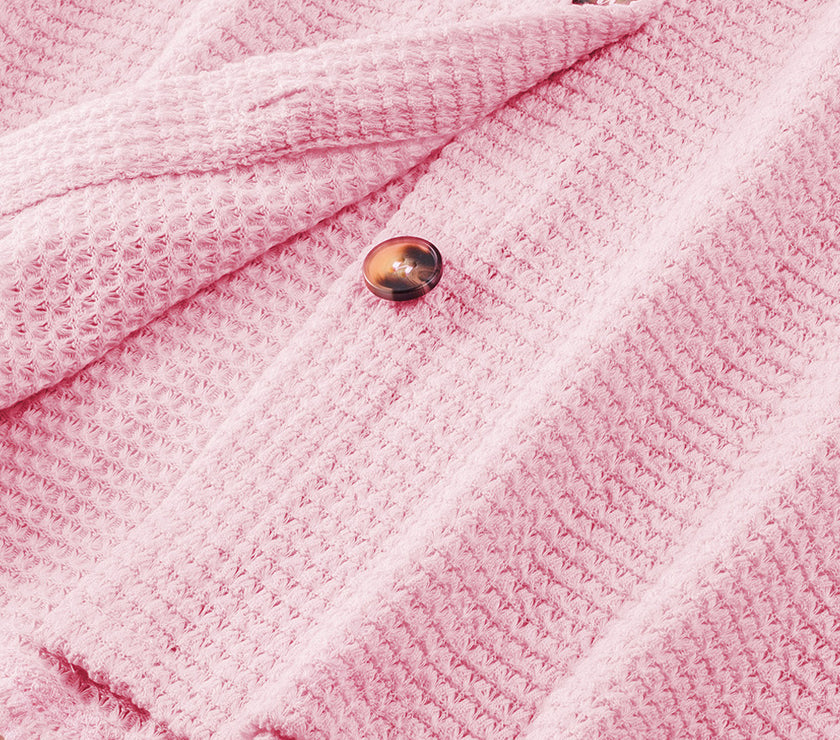 Waffle-Knit Collared Neck Long Sleeve Shirt