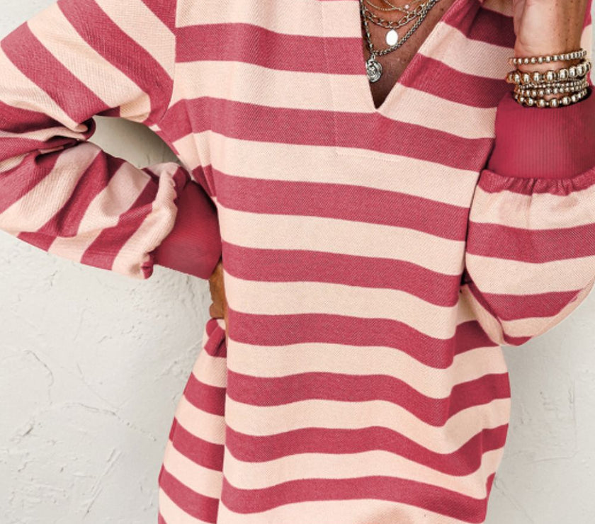 Contrast Striped Johnny Collar Long Sleeve Mini Dress