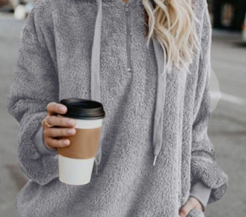 Full Size Quarter-Zip Drawstring Teddy Hoodie