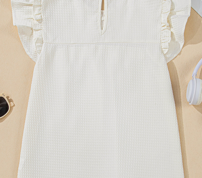 White Solid Color Ruffle Trim Waffle Knit Blouse