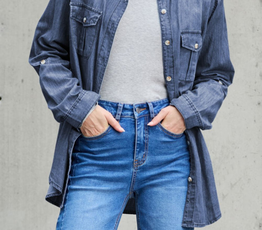 Pocketed Collared Neck Long Sleeve Denim Top