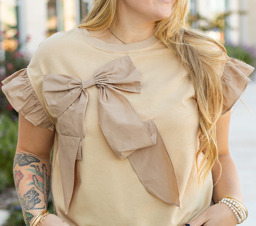 Parchment Ruffled Short Sleeve Bowknot Applique Crew Neck Plus Size Top