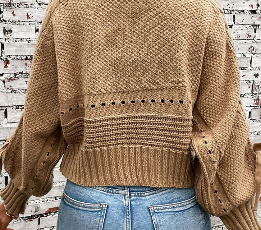 Cable-Knit Tied Open Front Lantern Sleeve Cardigan