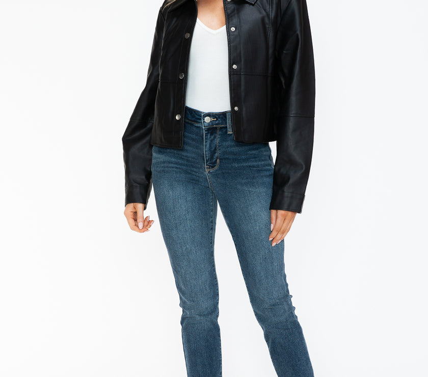 Snobbish Snap Down Long Sleeve PU Leather Jacket