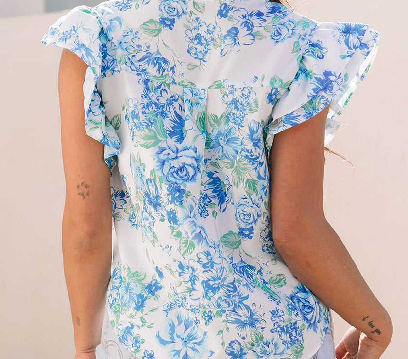 Sky Blue Floral Print Ruffle Sleeve Frilly Button Up Shirt