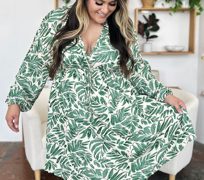 Double Take Full Size Printed Ruched Balloon Sleeve Dress