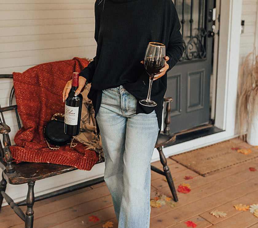 Side Slit High-Low Cowl Neck Long Sleeve Blouse