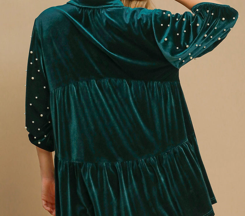 Umgee Pearl Detail Half Sleeve Velvet Babydoll Blouse