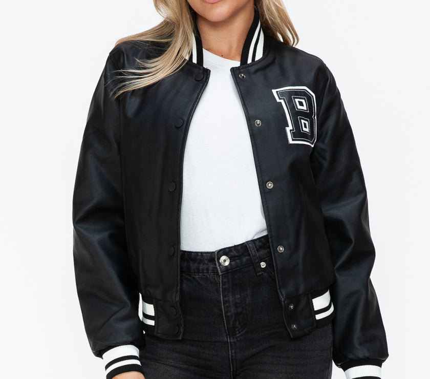 Love Me Now PU Leather Contrast Snap Down Bomber Jacket