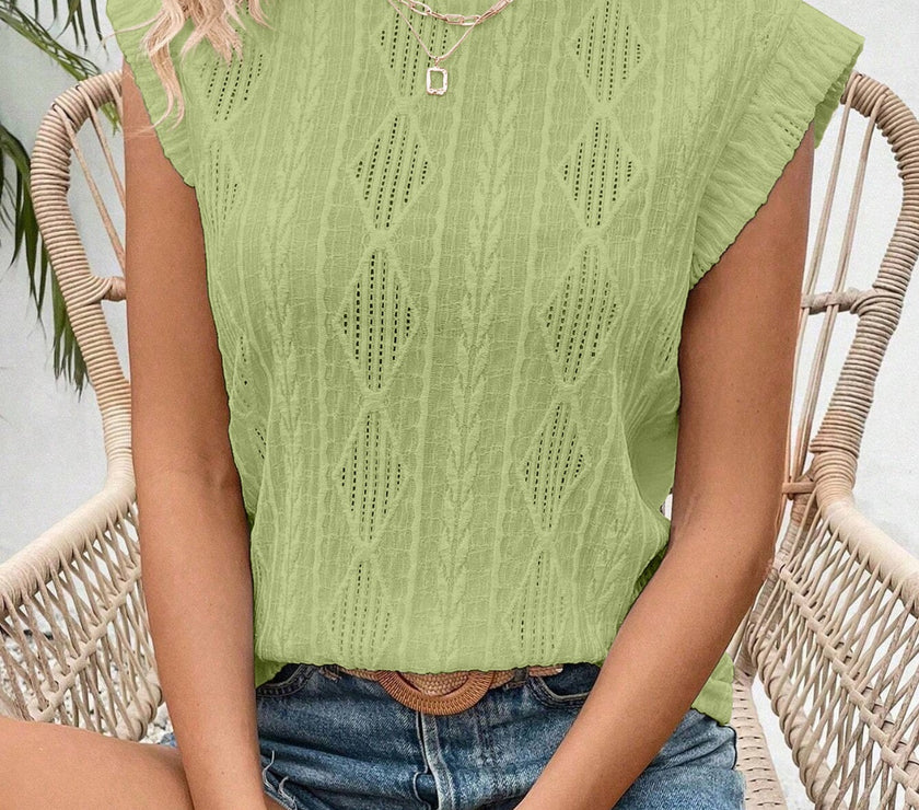 Openwork Round Neck Cap Sleeve Top