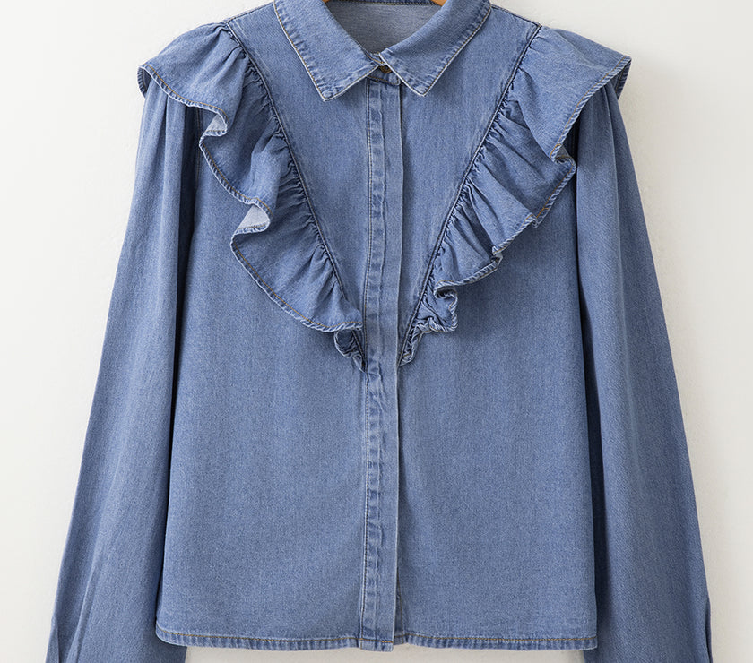 Ruffled Collared Neck Long Sleeve Denim Top