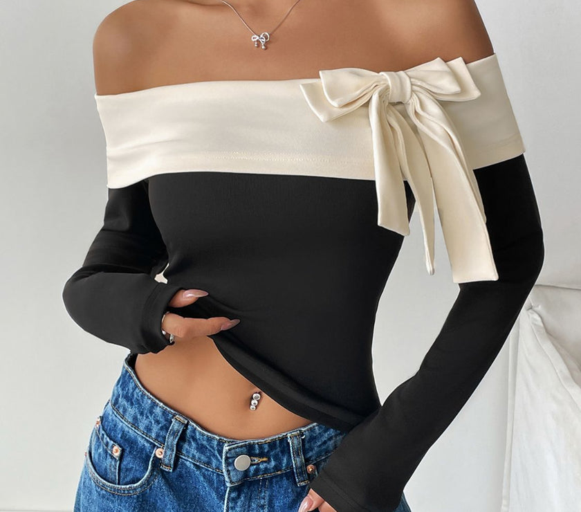Perfee Bow Contrast Off-Shoulder Long Sleeve Top