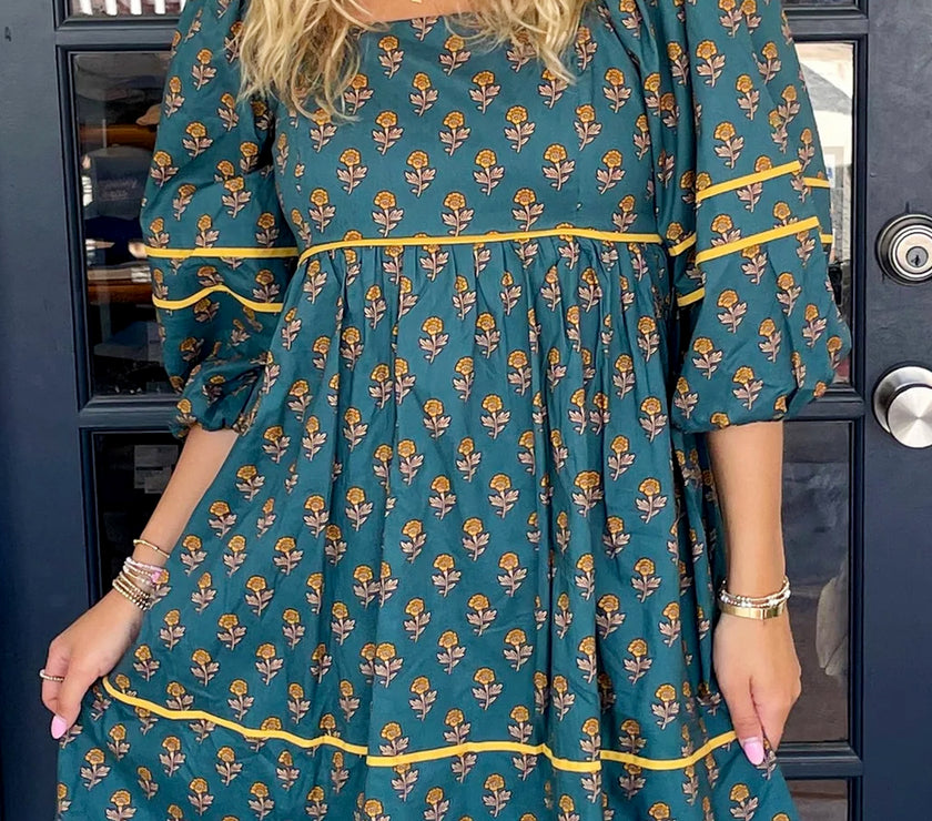 Skobeloff Floral Contrast Trim Square Neck Puff Sleeve Dress