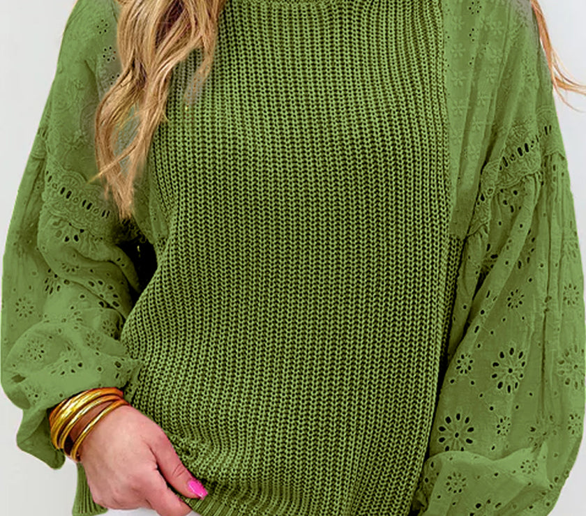 Eyelet Round Neck Drop Shoulder Sweater