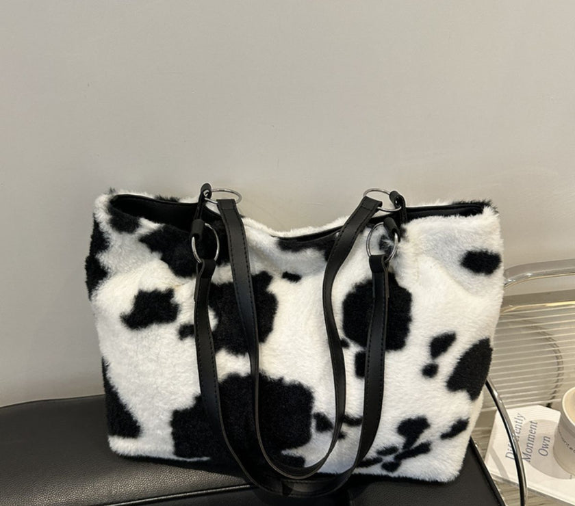 Cow Print Furry Tote Bag