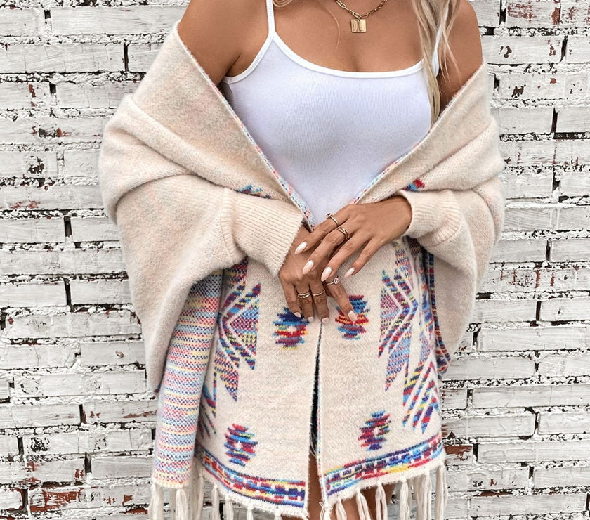 Fringe Geometric Open Front Long Sleeve Cape
