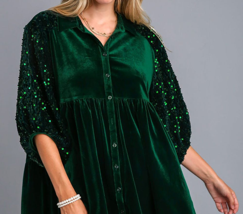 Umgee Sequin Detail Tiered Back Half Sleeve Shirt