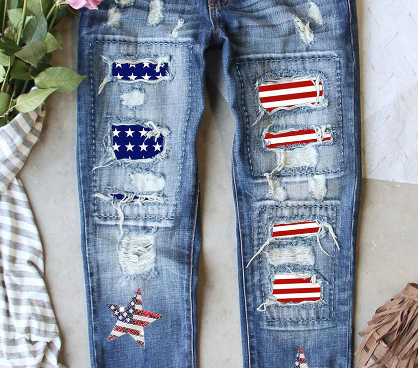 US Flag Mid-Rise Waist Straight Jeans