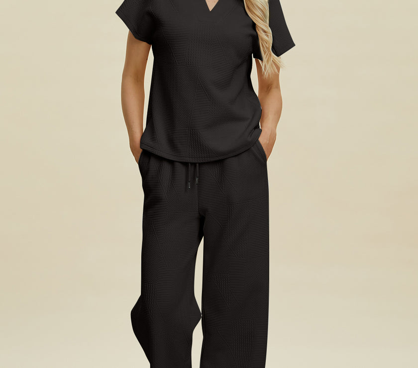 Double Take Full Size Collared Neck Short Sleeve Top and Pants Set