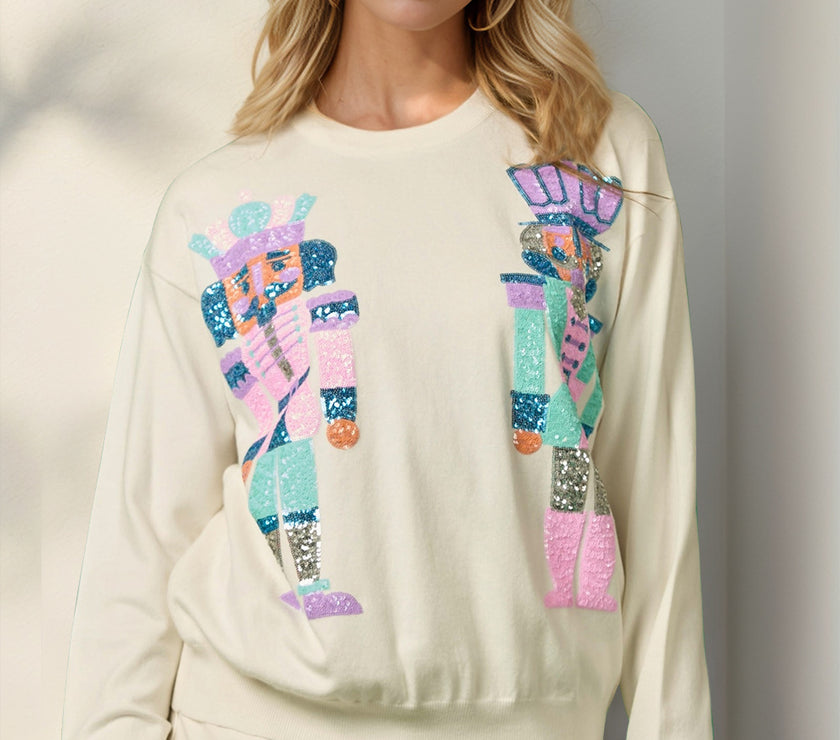 Double Take Full Size Sequin Nutcracker Long Sleeve Sweater