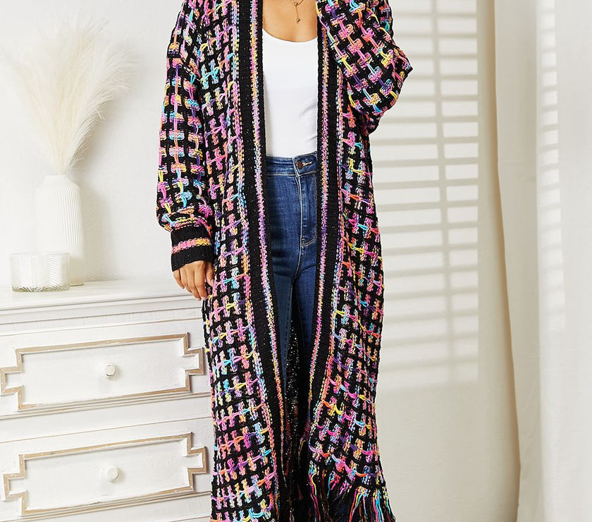 Angel Wings Full Size Multicolored Open Front Fringe Hem Cardigan