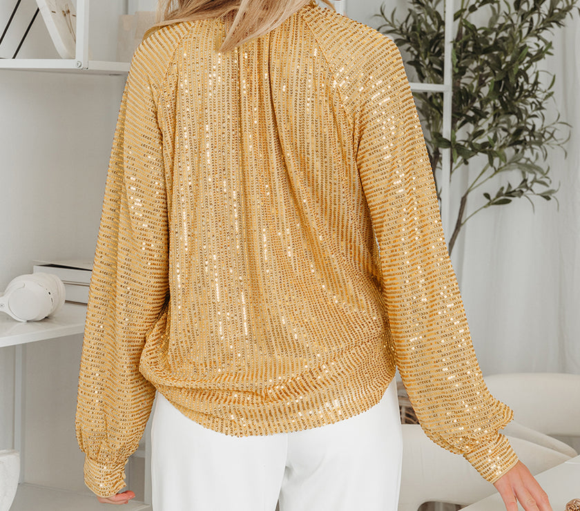 Gold Metallic Balloon Sleeve Buttoned High Neck Loose Blouse