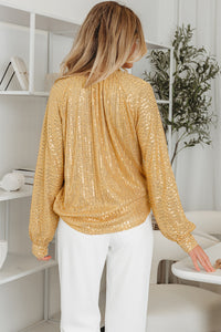 Gold Metallic Balloon Sleeve Buttoned High Neck Loose Blouse