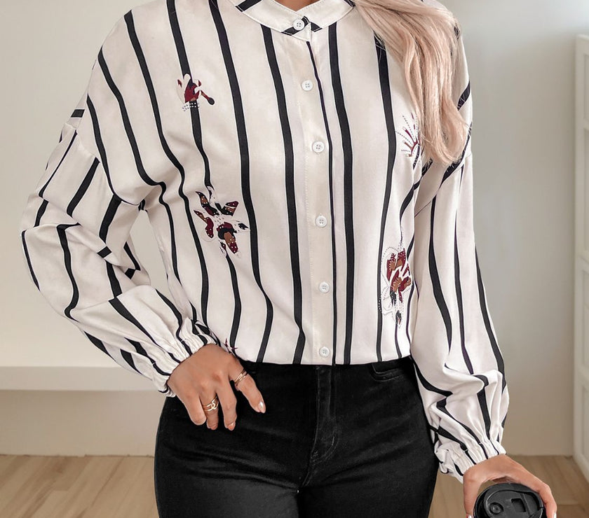 Perfee Striped Collared Neck Long Sleeve Shirt