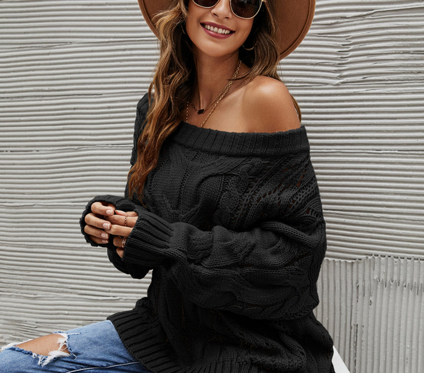 Cable Knit Openwork Off-Shoulder Sweater