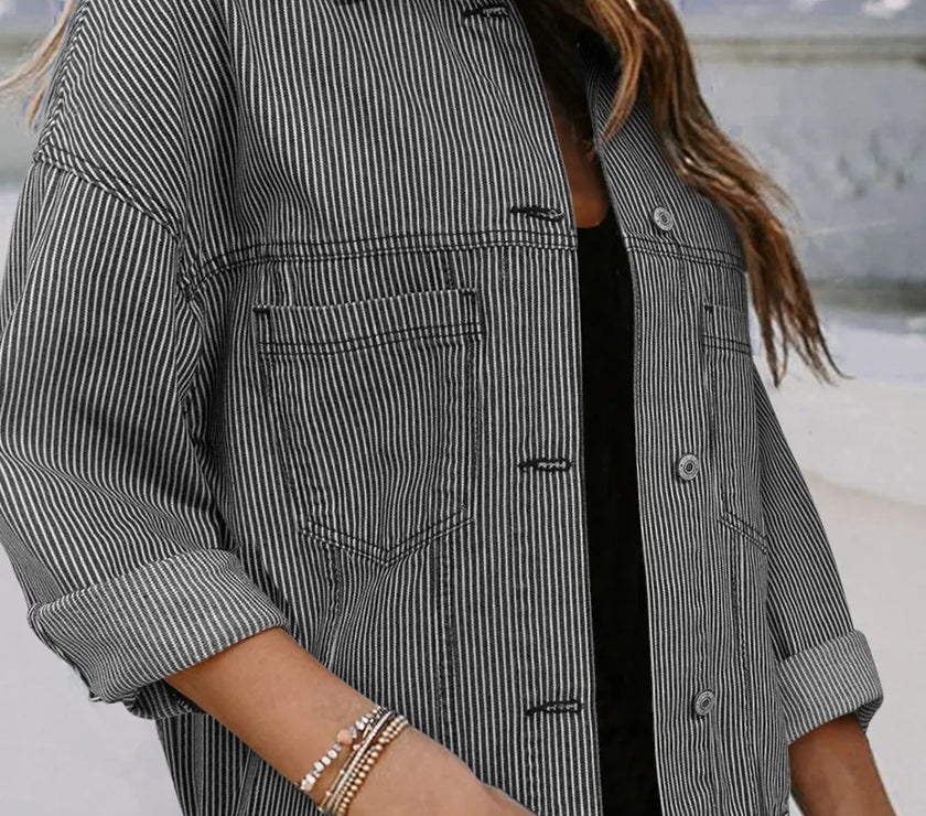 Striped Button Up Long Sleeve Denim Jacket