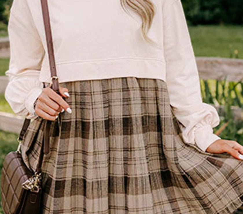 Plaid Round Neck Long Sleeve Mini Dress