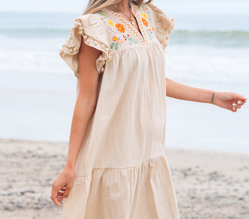Jet Stream Linen Embroidery Split Neck Pom Pom Ruffle Sleeves Flowy Short Dress