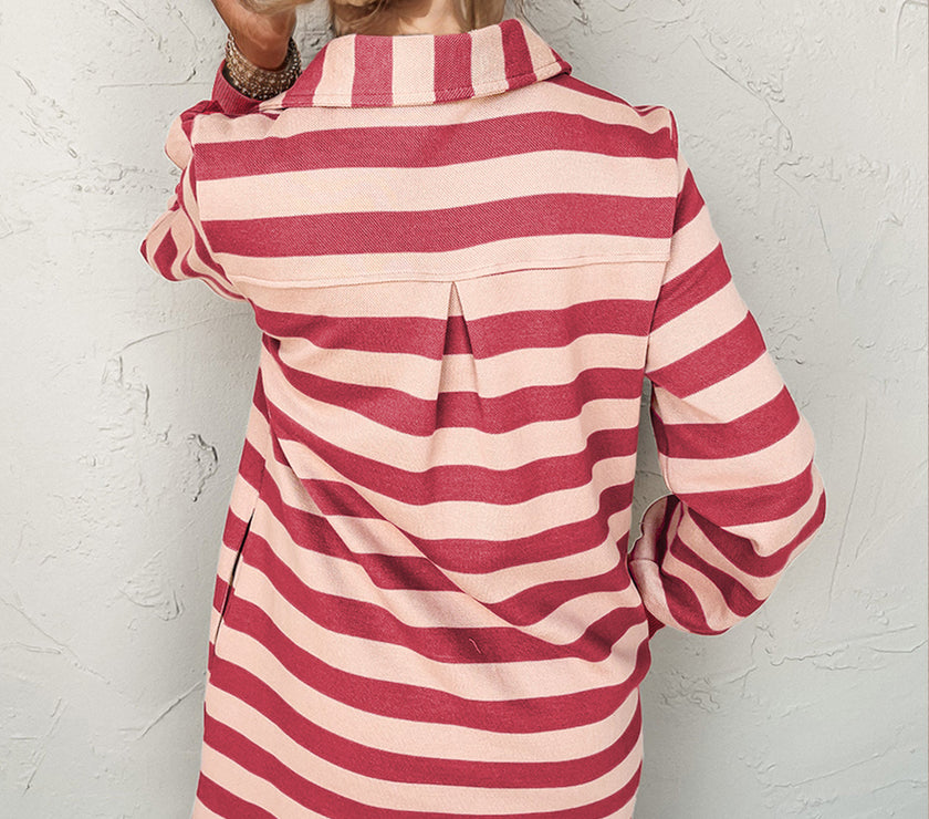 Double Take Full Size Striped Contrast Collared Neck Long Sleeve Dress