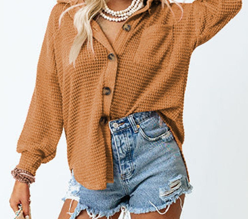 Waffle-Knit Collared Neck Long Sleeve Shirt