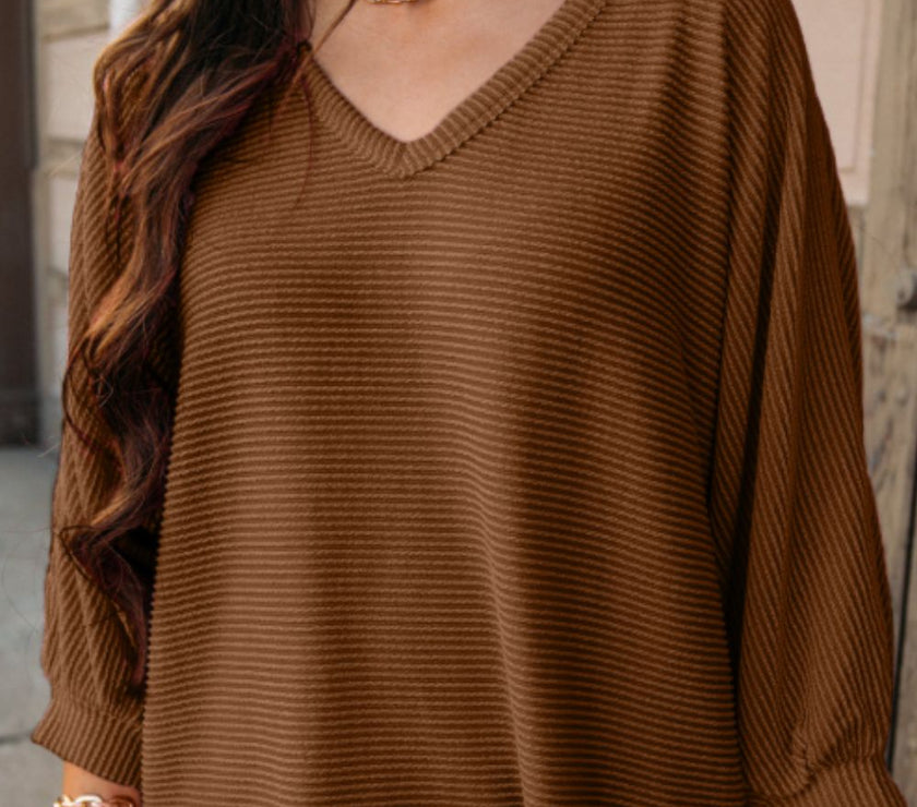 Texture V-Neck Long Sleeve Top
