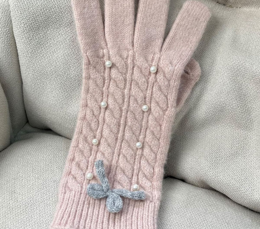 Thermal Pearl Detail Bow Five-Finger Gloves