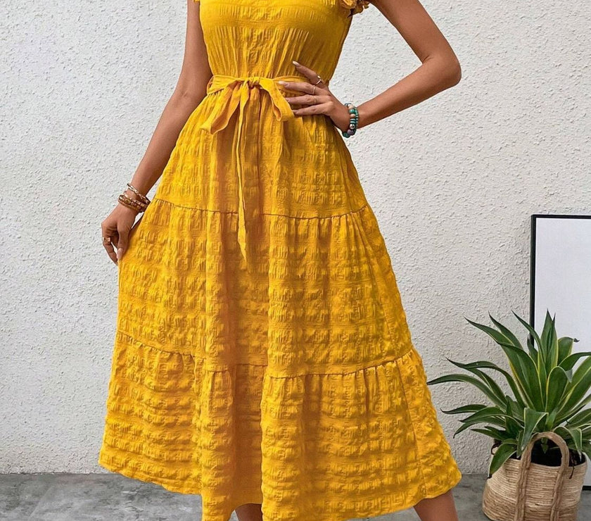 Tied Ruffled Cap Sleeve Midi Dress
