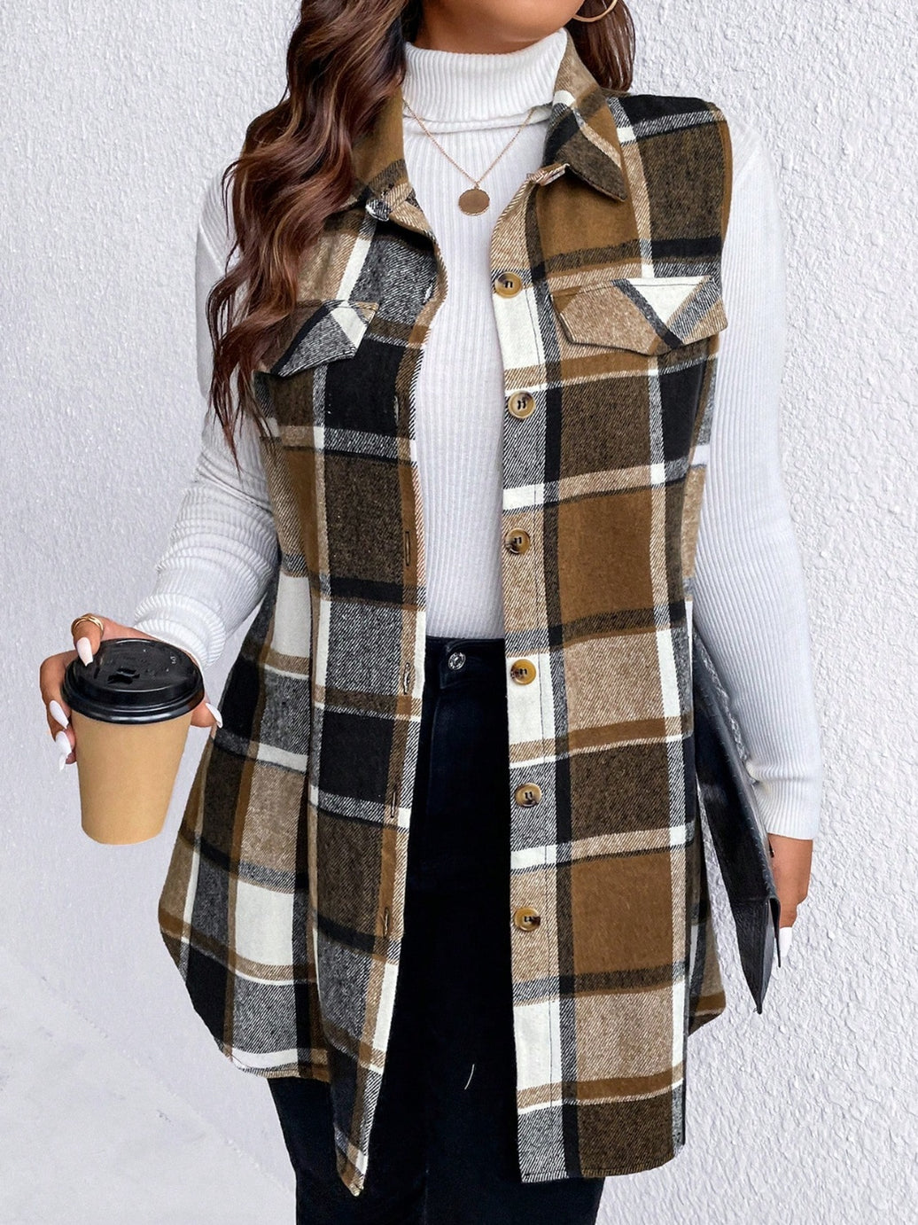 Honey Plus Size Pocketed Plaid Button Up Vest Coat