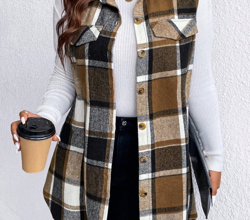 Honey Plus Size Pocketed Plaid Button Up Vest Coat