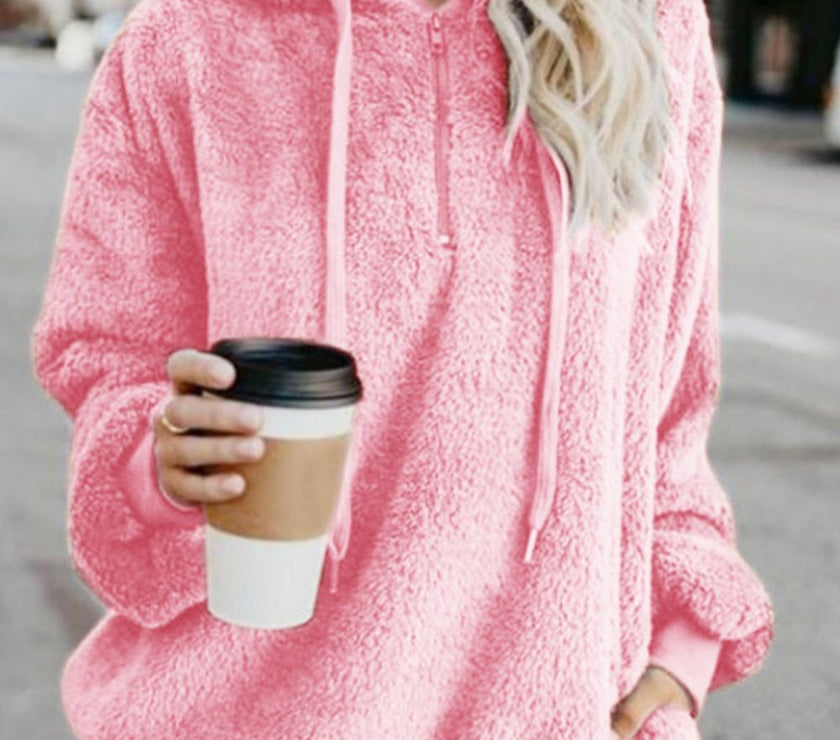 Full Size Quarter-Zip Drawstring Teddy Hoodie