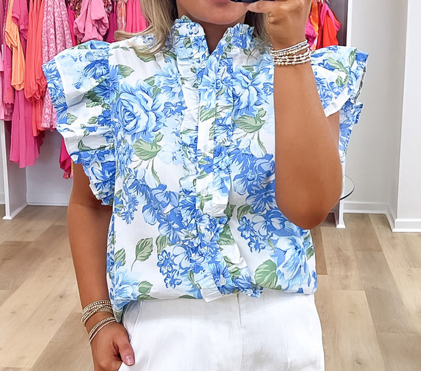 Sky Blue Floral Print Ruffle Sleeve Frilly Button Up Shirt