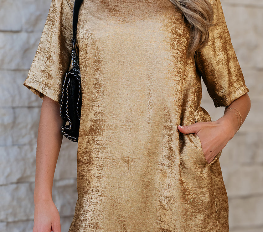 Gold Metallic Luster Crewneck Mini T-Shirt Dress