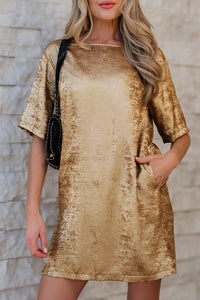 Gold Metallic Luster Crewneck Mini T-Shirt Dress