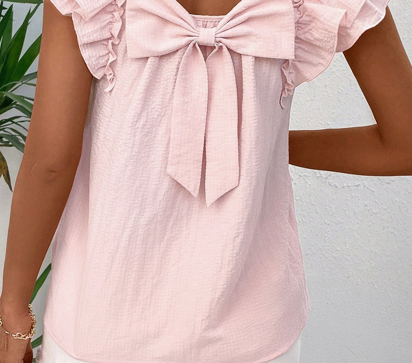 Gossamer Pink Textured Bow Knot Frilled Butterfly Sleeve Blouse
