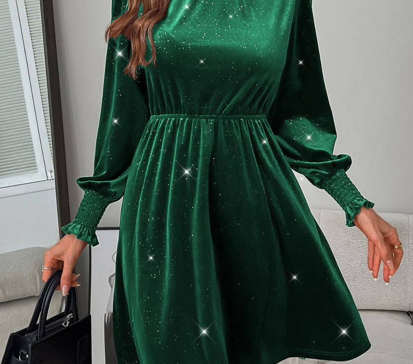 Glitter Mock Neck Long Sleeve Mini Dress
